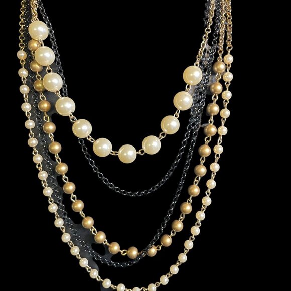 New York & Company Multi-Layer Faux Pearl & Chain Necklace Gold, Black, & Ivory - Picture 6 of 6